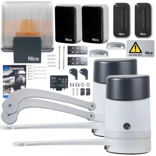 Nice HOPP swing gate opener kit with articulated arms, motors, remotes, sensors and light