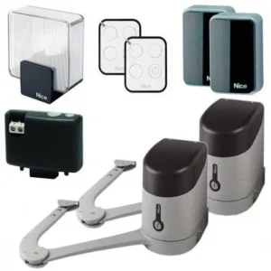 Nice HYKE swing gate opener kit with articulated arm motors, remotes, sensors and light