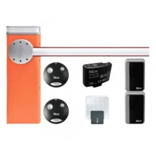 NICE M3BAR orange parking gate barrier kit with boom arm, sensors, and controls.