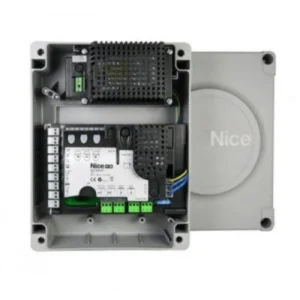 Nice MC824H swing gate control unit inside an open enclosure with terminals, wiring and control modules.
