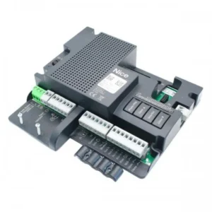 Nice MCA5 replacement control board with terminal blocks, programming buttons and protective housing.