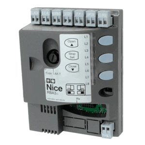 Nice RBA3/C sliding gate control board with terminal connectors, control buttons and receiver slot.