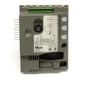 Nice RBA4/A sliding gate control board with green terminals, control buttons, fuse access and receiver slot.