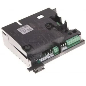 Nice ROA40 sliding gate control board with protective housing, green terminals and visible connectors.