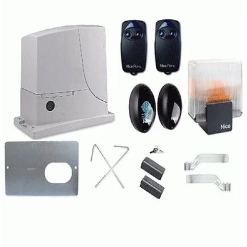 Nice ROX1000 sliding gate motor kit with remotes, photocells and warning light