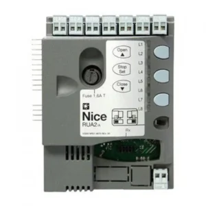 NICE RUA2 replacement control unit for RUN2500I sliding gate motors with labelled controls and terminals.