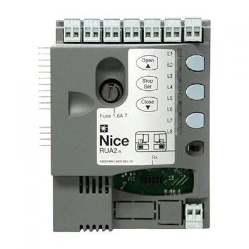 NICE RUA2 replacement control unit for RUN2500I sliding gate motors with labelled controls and terminals.