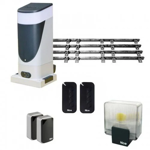 Nice SLH400 sliding gate opener kit with remotes, photocells, rack strips and light