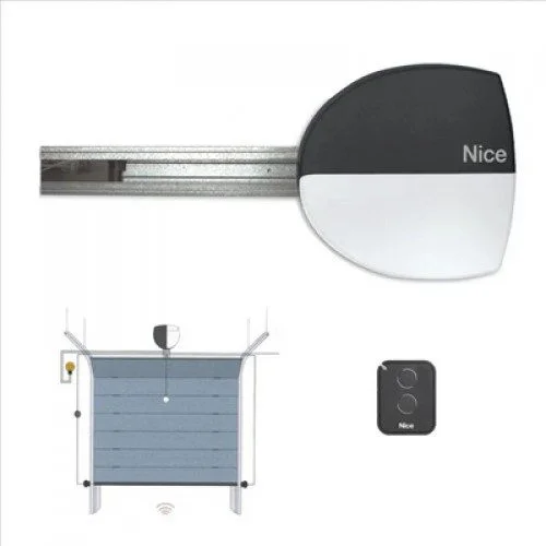 Nice SPINBUS 40 garage door opener with rail, remote control, and door diagram