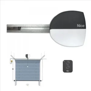 Nice Spinbuskit garage door motor with guide rail, remote control, and door diagram