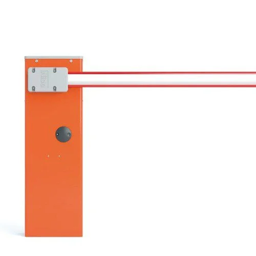 NICE WIDE S orange parking barrier with a white boom arm outlined in red.
