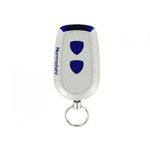 Normstahl Crawford EA433 2K two-button rolling code gate remote control in white and silver with blue shield buttons