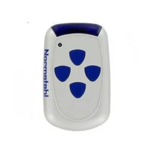 Normstahl Crawford EA433 4K four-button gate and garage door remote control in white with blue shield-shaped buttons