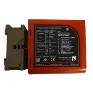 Nortech PD132 single-channel vehicle loop detector with red housing and plug base.