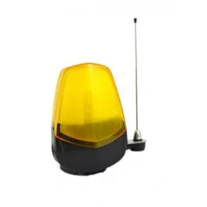 Proteco LUCE LED gate flashing light with amber cover, black base, and external antenna.