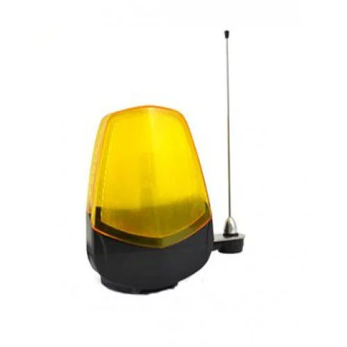 Proteco LUCE LED gate flashing light with amber cover, black base, and external antenna.