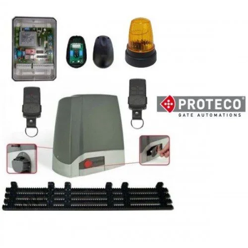 Proteco MEKO 5 sliding gate motor kit with remotes, rack, receiver and warning light