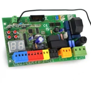 Proteco Q80S sliding gate control board with LED display, coloured terminals, relays and wired antenna.