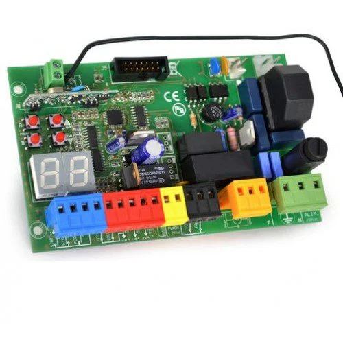 Proteco Q80S sliding gate control board with LED display, coloured terminals, relays and wired antenna.