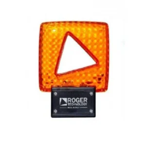 Roger FIFTHY/230 LED gate flashing light with amber square lens, warning symbol, and black base.