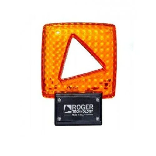 Roger FIFTHY/230 LED gate flashing light with amber square lens, warning symbol, and black base.