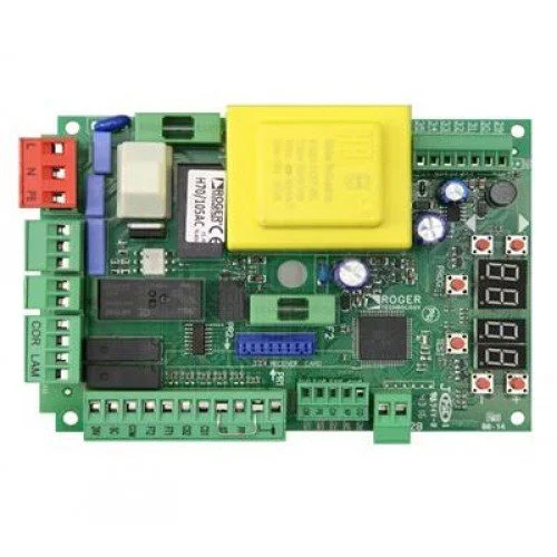 ROGER H70/104AC control board for one 230V swing gate motor with terminals, display and transformer.
