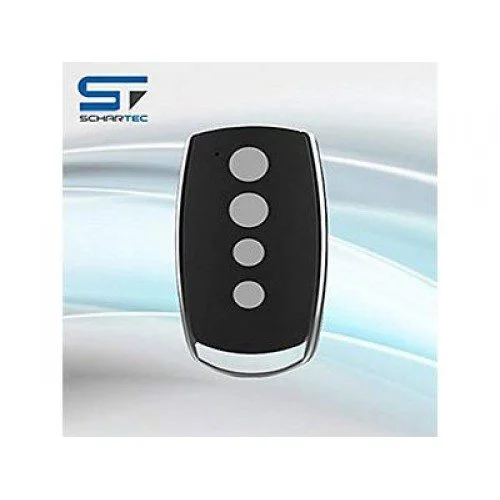Schartec Force Door four-button rolling code gate remote control transmitter in black with chrome frame and grey buttons