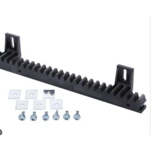 Black nylon gear rack with mounting brackets, plates, and bolts for sliding gate automation.