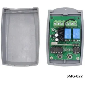 Open SMG-822 universal 433.92MHz two-channel receiver with circuit board, relays, and cover.