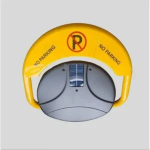 Yellow solar-powered parking lock with raised no-parking arm and grey base.