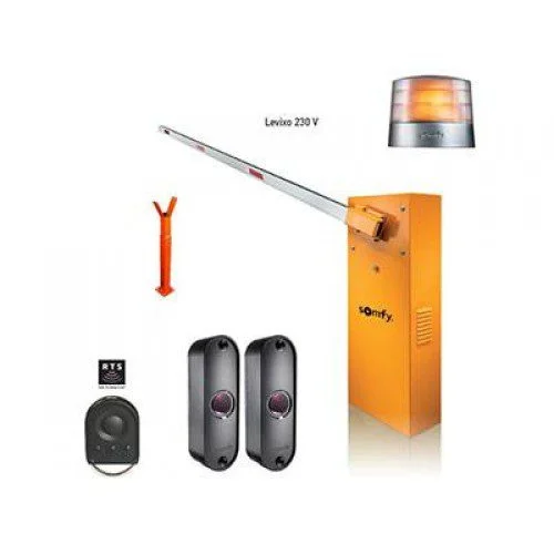 Somfy Levixo 30 RTS parking barrier kit with boom arm, sensors, remote, and light.