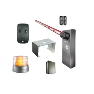 Somfy Levixo 40 parking barrier kit with boom arm, remote, sensors, and warning light.