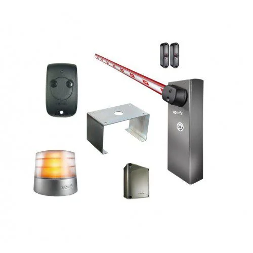 Somfy Levixo 40 parking barrier kit with boom arm, remote, sensors, and warning light.