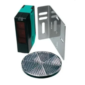 Sommer 5233 reflective gate photocell with sensor, round reflector, and metal mounting bracket.