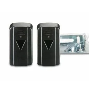 Sommer 7023 two-wire gate photocell sensor pair with black housings and mounting hardware.