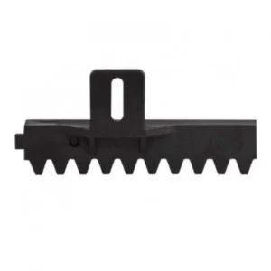 Black Stagnoli ACRN6 nylon rack with steel core and mounting slot for sliding gate motors.