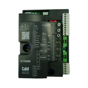 TAU K100M control board for T-ONE5E sliding gate motors with terminals, buttons and status labels.