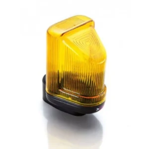 TAU LAMP 900LAMP2 LED gate flashing light with amber ribbed cover and black mounting base.