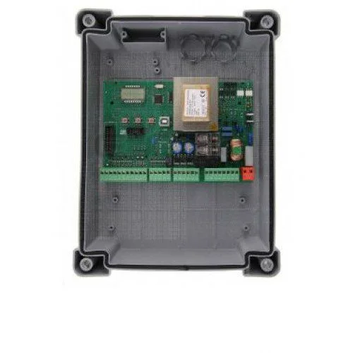 V2 CITY1 EVO sliding gate control board in a protective enclosure with transformer and terminal connections.