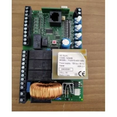 V2 FLEXY2 230V gate control board with terminal blocks, relays, transformer and adjustment dials.