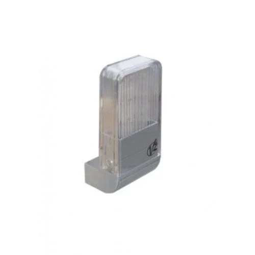 V2 LUMOS LED gate flashing light with clear ribbed cover, grey base, and compact wall bracket.