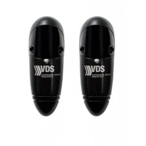 Pair of black VDS FS 12/T wall photocell sensors for 12/24V automatic gate systems with a 40 m detection range.