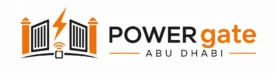 POWERgate Abu Dhabi logo with stylized open gates, lightning bolt, wireless signal, and orange-black text branding.