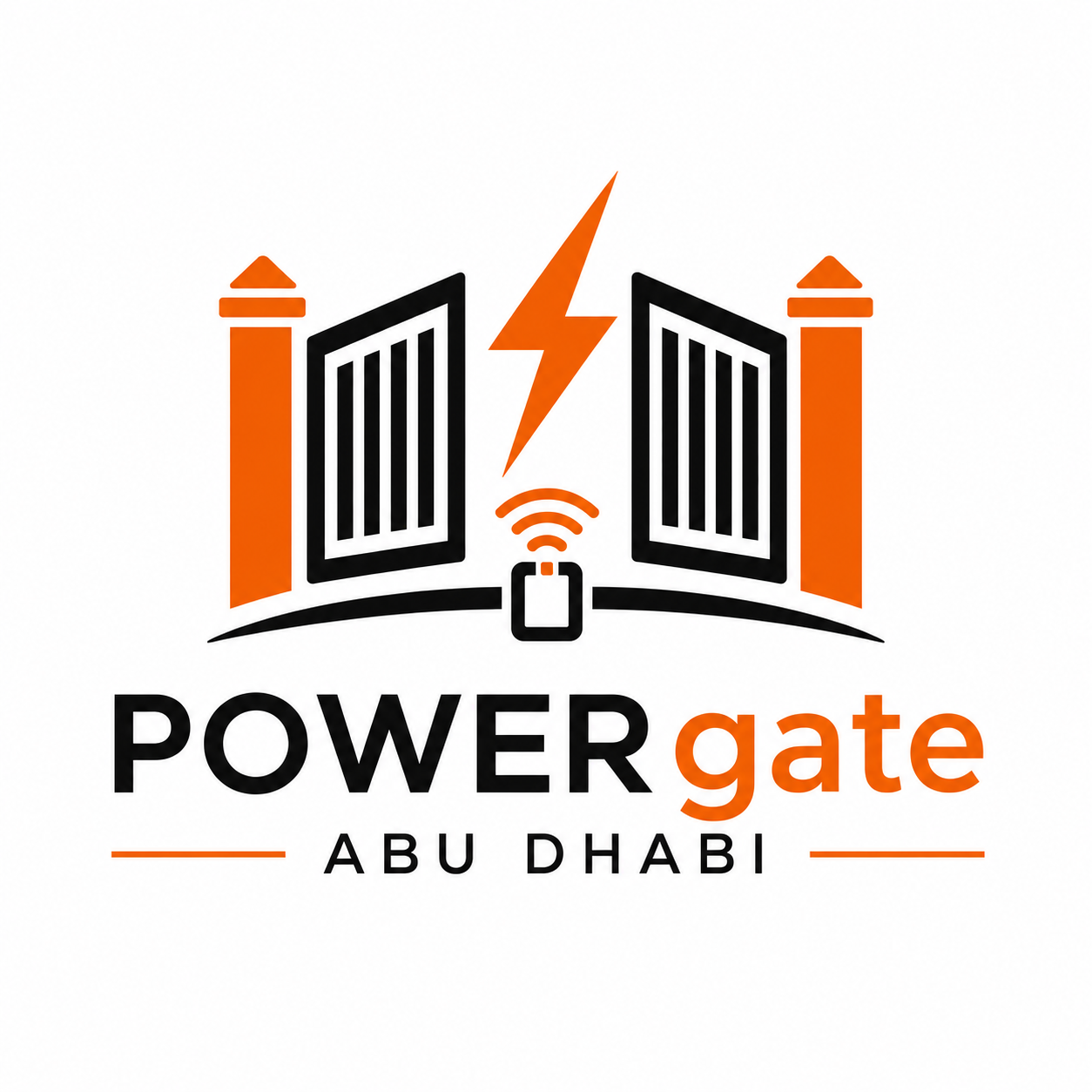 Official POWERgate Abu Dhabi black and orange gate and lightning logo on white background