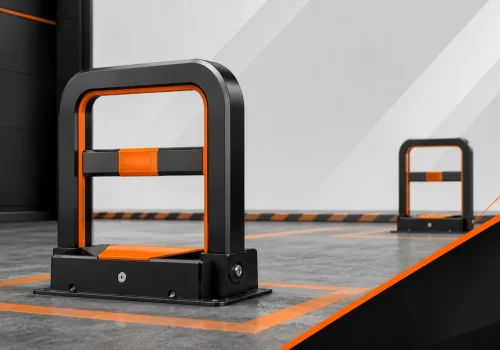 Automatic parking space lock barriers with black and orange frames protecting reserved spaces in a modern garage.