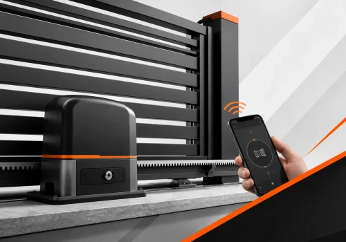 Smartphone controlling an automatic sliding gate motor beside a black metal gate, showing wireless access automation.