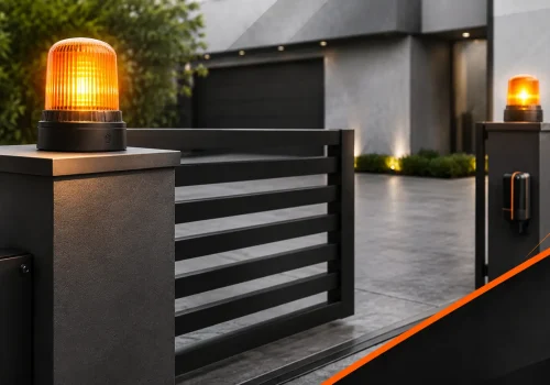 Amber warning lights on modern sliding gate posts, signaling automated driveway access and gate movement for safety.