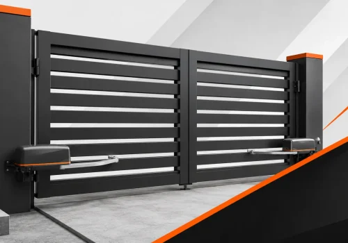 Modern black automatic swing gate with dual motors and horizontal slats for secure property access control.